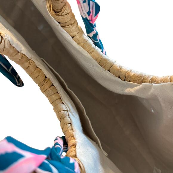 Lilly Pulitzer Monkey Business Half Moon Tan Straw Beach Tote with Floral Scarf - Picture 6 of 10